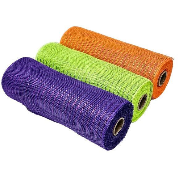 Tesadorz 10" Metallic Deco Mesh Ribbon Rolls - Orange, Purple, Lime Green - Picture 6 of 6